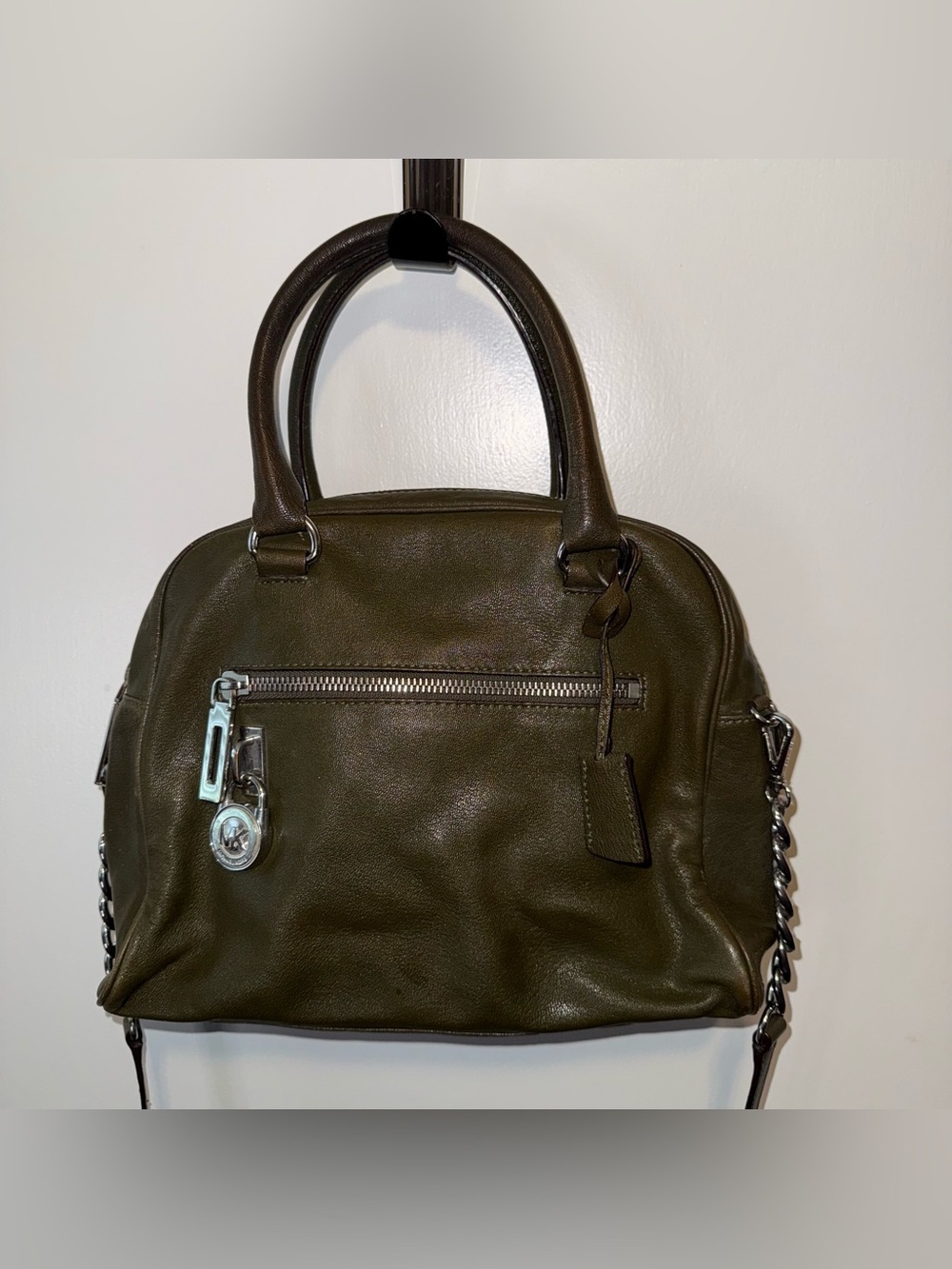 Michael Kors Dark Olive Leather Satchel with Silver Hardware